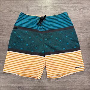 Patagonia Board Shorts Mens 34 Blue Wavefarer Swim‎ Trunks Stripe Drawstring